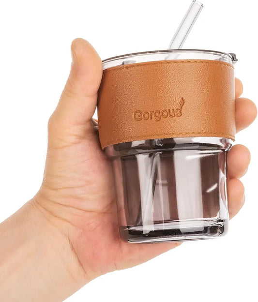 Premium glass coffee cup | Glass tea cup with straw and lid